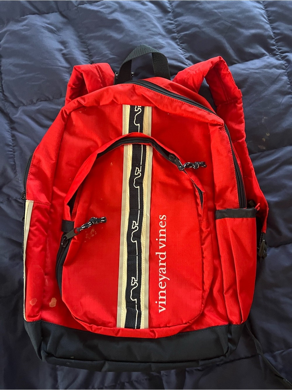 Vineyard Vines Red Backpack with Navy and Cream Stripe